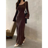 Anokhinaliza Vintage Solid Color All Match Elegant Long-sleeved Dress Women Autumn New Korean Sexy Slim Draped Knitted Mid-length Dress