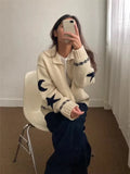 Anokhinaliza Autumn Vintage Star Sweater Women Casual Loose Korean Fashion Zipper Cardigan Warm Y2k Streetwear Jacquard Lapel Coat