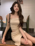 Anokhinaliza Summer New Streetwear Pleated Sexy Slim Asymmetric Mini Skirt Women + Solid Color Casual Camisole Two-piece Suit