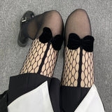 Anokhinaliza Y2K Gothic Women's Fishnet Tights Bow Hollowed Out Pantyhose Thigh High Stockings for Halloween Cosplay Party Club