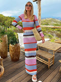 Anokhinaliza Crochet Knitted  Hollow Out Long Dress O Neck Wrap Hip Color Striped Patchwork Maxi Dresses Women Beach Vacation Casual Vestido