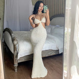 Anokhinaliza Backless Hollow Out Maxi Prom Dress For Women Elegant Popcorn Texture Knitted Bubble Waffle Spaghetti Straps Bodycon Party Dress