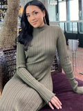 Anokhinaliza Autumn Ruffled Knitwear Long Dress Female Long Sleeve Loose Ribbed High Waist Maxi Dress Streetwear Knit Solid Women Dress