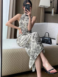 Anokhinaliza Summer New Vintage Print Sleeveless Midi Dresses for Women Fashion Slim Female Vestdios Lady Elegant Party Bodycon Clothing