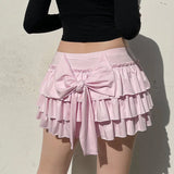 Anokhinaliza Pink Bow Pleated Mini Skirts Y2k Solid A-line Skirts Kawaii Lolita Ruffle Skirts Sexy Ballet Skirts Casual Short Dress For Women