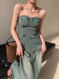 Anokhinaliza American Retro High-End Denim Dress Women'S Top Design Versatile And Unique Slim Fitting Long Skirt