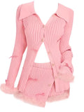 Anokhinaliza Elegant Pink Knitted Suit Korea Fashion 2 Piece Skirt Set Slim Casual Blouse + Bodycon Y2k Mini Skirt Party Casual Clothing