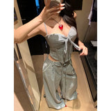 Anokhinaliza Summer New Korean Lace-up Pleated Sexy Slim Camisole Women + Contrast Color Striped Loose Wide Leg Pants Two-piece Suit