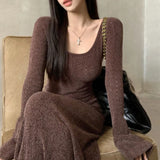 Anokhinaliza Vintage Solid Color All Match Elegant Long-sleeved Dress Women Autumn New Korean Sexy Slim Draped Knitted Mid-length Dress