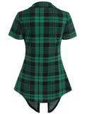 Anokhinaliza - Crisscross Plaid Print Mock Button Casual Faux Twinset T Shirt Combo Women 2 in 1 Tee Twofer Summer High Waist Fashion T-Shirts