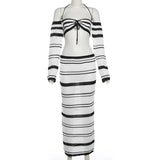 Anokhinaliza Sexy Striped Off-the-shoulder Halter Long Sleeve Knitted Hollow-out Skirt Suit Striped Knotted Backless Streetwear