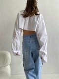 Anokhinaliza Pocket Patchwork Cropped Shirts For Women 2024 New Spring Summer Chic Long Sleeve Button Blouses Streetwear Fashion Solid Blouse