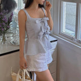 Anokhinaliza Vintage Lace-up Bow Pleated Casual Camisole Women 2024 Summer New Korean Contrast Color Striped Sexy Slim All Match Tops