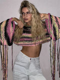 Anokhinaliza Tassel Contrast Holiday Sweater Pullovers For Women Loose Flared Sleeve Beach Boho Knit Female Cover up Pullover Crop top