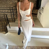 Anokhinaliza Sexy Knit Hollow Out Sling Long Dress Women Slim V-neck Sleeveless Backless Maxi Dresses 2024 Autumn New Lady White Party Robes