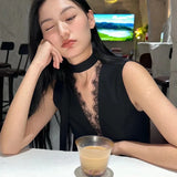 Anokhinaliza 2024 Summer New Korean V-neck Lace Splicing Sexy Irregular Camisole Women + High Waist Pleated Black Bud Skirt Two-piece Suit