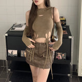 Anokhinaliza Summer New Streetwear Hollow Lace-up Sexy Slim Hooded T-shirt Women + Casual Faux Leather A-line Skirt Two-piece Suit