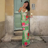 Anokhinaliza Green Floral Print Long Skirt Women Grenadine Deep V Backless Slim Fit Maxi Vacation 2024 Summer Beach Dresses