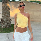 Anokhinaliza Y2K Casaul Solid Color Summer Women T Shirt Pullover Slash Neck One Shoulder Sleeveless Crop Tops Ruched Slim Basic El