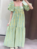 Anokhinaliza Korean style Summer Plaid Print Ruffle Square Neck Checked Dress Short Sleeve Tie Up Strap Gingham Midi Dress Women