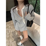 Anokhinaliza Summer New High Street Contrast Color Striped Loose Casual Long Sleeve T-Shirt Women + Sexy Straight Shorts Two-piece Suit