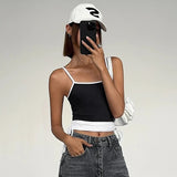 Anokhinaliza Black and White Patchwork Lace Up Camisole Sexy Casual Basic Chic Women Crop Top Skinny Summer Pleated Tank Tops 2024