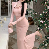 Anokhinaliza  Korean V-neck Pleated Sexy Elegant Long-sleeved Dress Women 2024 Spring New High Street Solid Color Mid-length Dress with Scarf