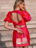 Anokhinaliza Puffy Sleeve Jacquard Mini Dresses Backless Waist Exposed Cut Out Red Socialite Evening Gown Sexy Fashion New Woman Short Dress