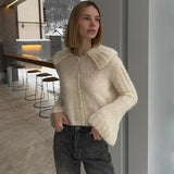 Anokhinaliza Knitted Sweater Cardigan Coat Women's Solid Lapel Long Sleeve Patchwork Button Y2k 2024 Short Women's Knitted Jacket  Outfits