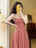 Anokhinaliza Elegant Plaid Midi Dress Women French Vintage Spaghetti Strap A-line Spring Summer Holiday Beach Style Prom Robe Vestidos Mujer