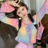 Anokhinaliza Harajuku Y2k Rainbow Knitted Cardigan Women Kawaii Lace-up Hplloow Out Ruffle Flare Long Sleeve Sweater Coat Casual Knitwear Top