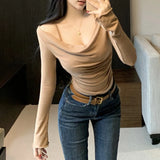 Anokhinaliza Korean Pleated Solid Color All Match Long-sleeved T-shirt Women 2024 Autumn New High Street Fashion Sexy Slim Crop Tops