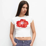 Anokhinaliza Floral Print White Graphic Tees Casual Y2k Going Out Crop Tops Woman 2024 Summer Fashion T Shirt