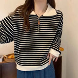 Anokhinaliza Autumn Stripe Zipper Pullover Women Fashion Loose Simple Soft Turndown Collar Long Sleeve Top Korean Preppy All Match Sweatshirt