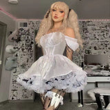 Anokhinaliza Lolita Black Dress Goth Aesthetic Puff Sleeve High Waist Vintage Bandage Lace Trim Party Gothic Clothes Summer Dress Woman