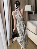 Anokhinaliza Summer New Vintage Print Sleeveless Midi Dresses for Women Fashion Slim Female Vestdios Lady Elegant Party Bodycon Clothing