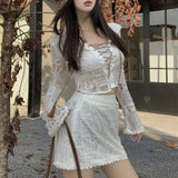 Anokhinaliza New High Street Lace Up Hollow See-through Sexy Long-sleeved T-shirt Women + Casual A-line Skirt Two-piece Suit