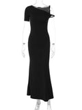 Anokhinaliza Black Long Dress Female Slim High Waist Off-Shoulder Fashion Elegant Evening Partywear Dress Solid One-Shoulder Maxi Dress