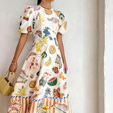 Anokhinaliza New fashion popular clothing women's summer new temperament elegant fruit print waisted round neck swing dresses