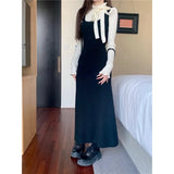 Anokhinaliza O-neck Lace-up Ruffled Elegant Long-sleeved Dress Women 2024 Spring New Korean Contrast Color Patchwork Casual Knitted Dress