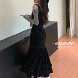 Anokhinaliza Autumn New Streetwear Hollow Strapless Lace-up Casual Long-sleeved T-shirt Women + Floral Print Velvet Dress Two-piece Suit