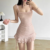 Anokhinaliza Y2K Kawaii Women Cami Dress Flower Embroidery Sleeveless Backless Dress Mini Dress Side Drawstring Ruffles Bodycon Dress