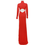 Anokhinaliza Sexy Cut Out Backless Red Party Dress Women Elegant Luxury Turtleneck Long Sleeve Maxi Dresses Evening Gown