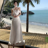 Anokhinaliza French Elegant Backless Bandage Long Dresses for Women Summer Satin Sleeveless Birthday Party Beach Casual Female Clothing Robe