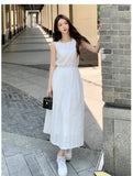 Anokhinaliza Summer Square Collar Embroider White Dress Women Elegant Party Solid Drawstring Female Sundress Fashion Chic Midi Dresses