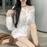 Anokhinaliza Autumn New Korean V-neck Lace Up Loose Casual Long-sleeved Shirt Women + High Waist Pleated White Shorts Two-piece Suit