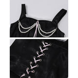 Anokhinaliza Coquette Y2k Tops French Retro Style Pearl Chain Bow Square Neck Tank Top Black Summer Clothes Women 2024 Crop Top