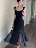 Anokhinaliza New Summer Black Dress Women Sexy Spaghetti Strap Slim Mesh Mermaid Evening Party Dresses Retro Prom Robe Mini Vestidos Mujer