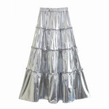 Anokhinaliza Summer New Women's Silver Metal Texture Medium Length Skirts High Waist A-Line Slim Large Skirt Hem Cake Skirt