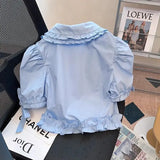 Anokhinaliza Peter Pan Collar Puff Sleeve Shirts Summer Refreshing Buttons Solid Color Short Sleeve Blouse Women Clothing Sweet Ruffles Tops